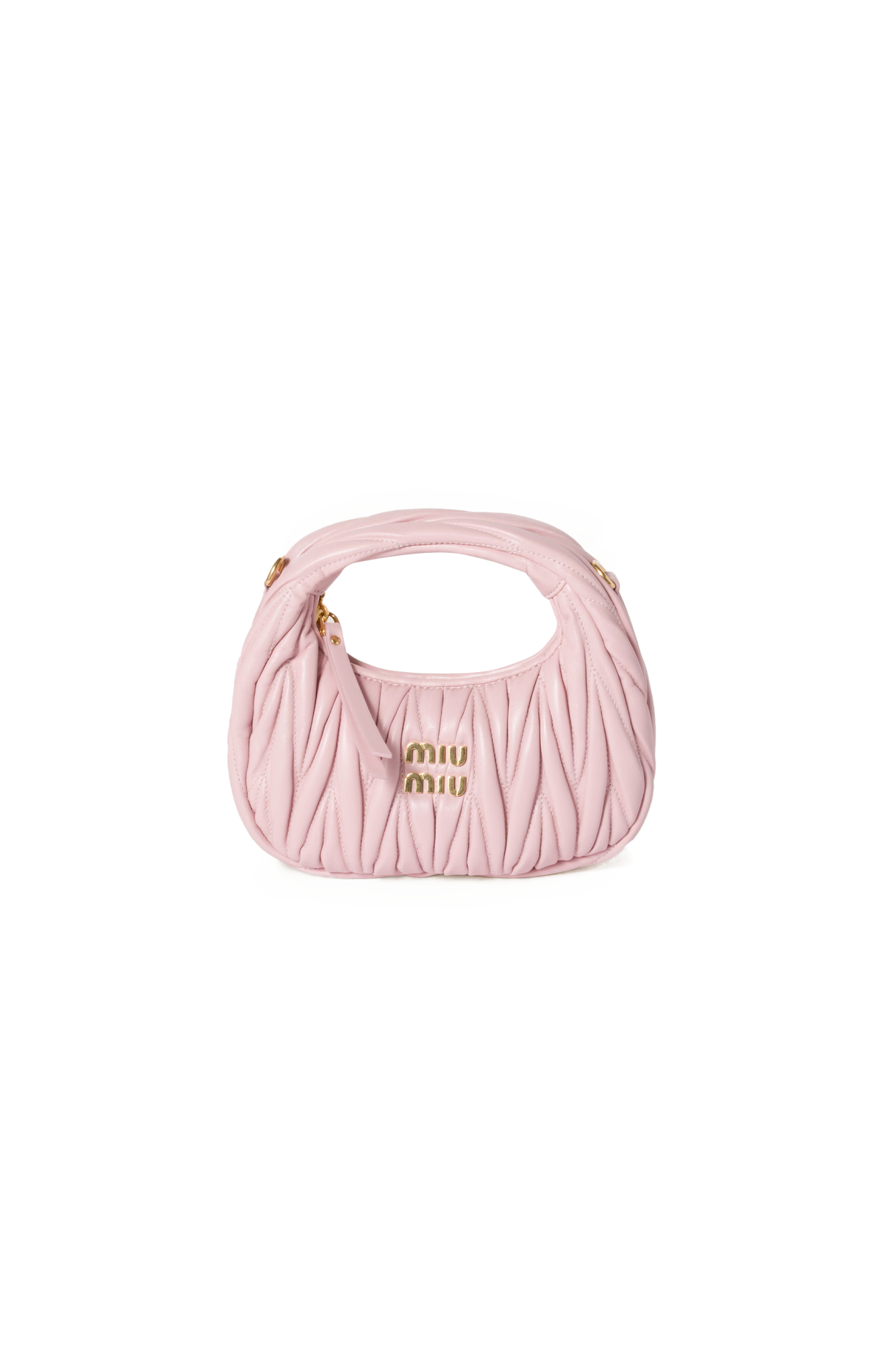 Miu Miu Wander Matelassé Nappa Leather Hobo Mini-Bag in Alabaster Pink — front view