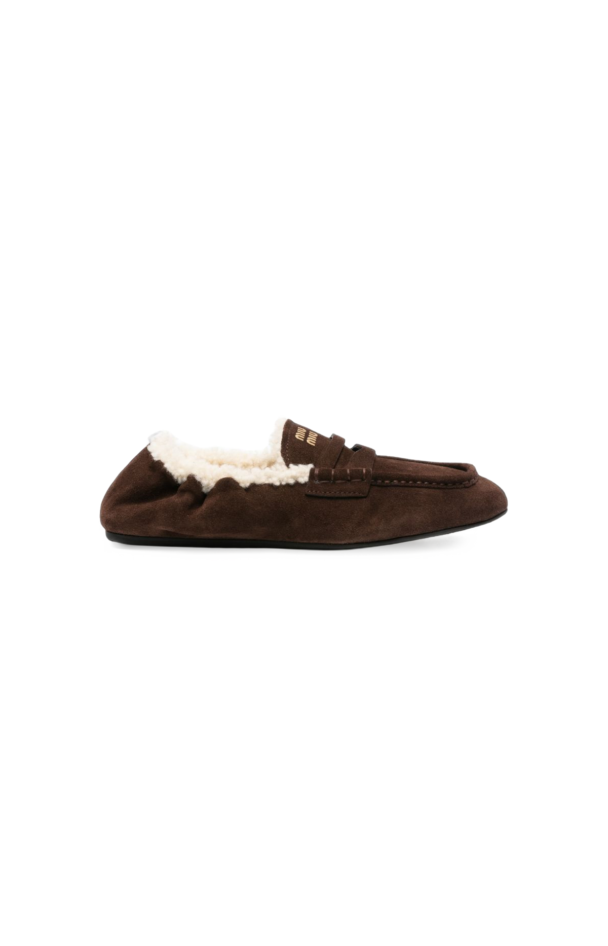 Miu Miu Ruches Suede Loafers in Dark Brown — front view
