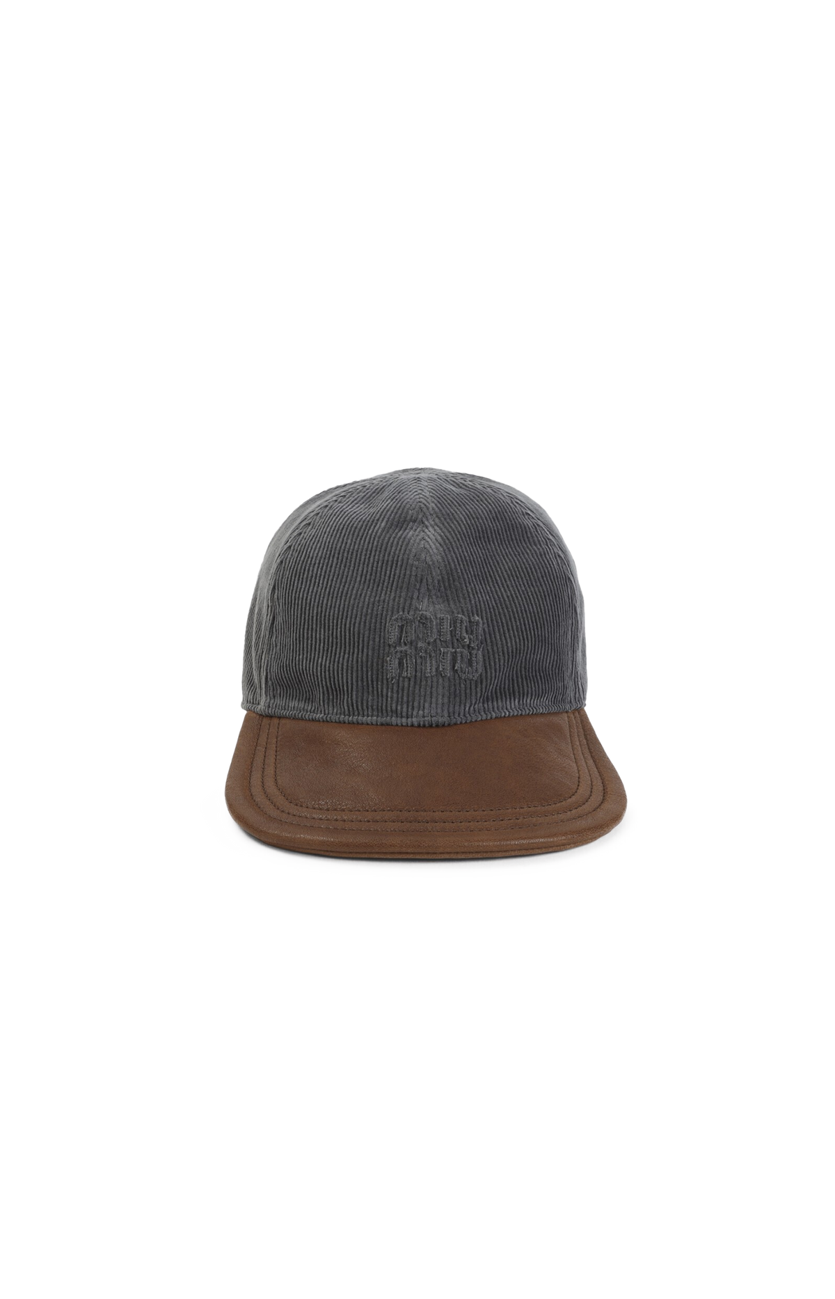 Miu Miu Corduroy and Leather Baseball Cap in Smoke/Oak — front view