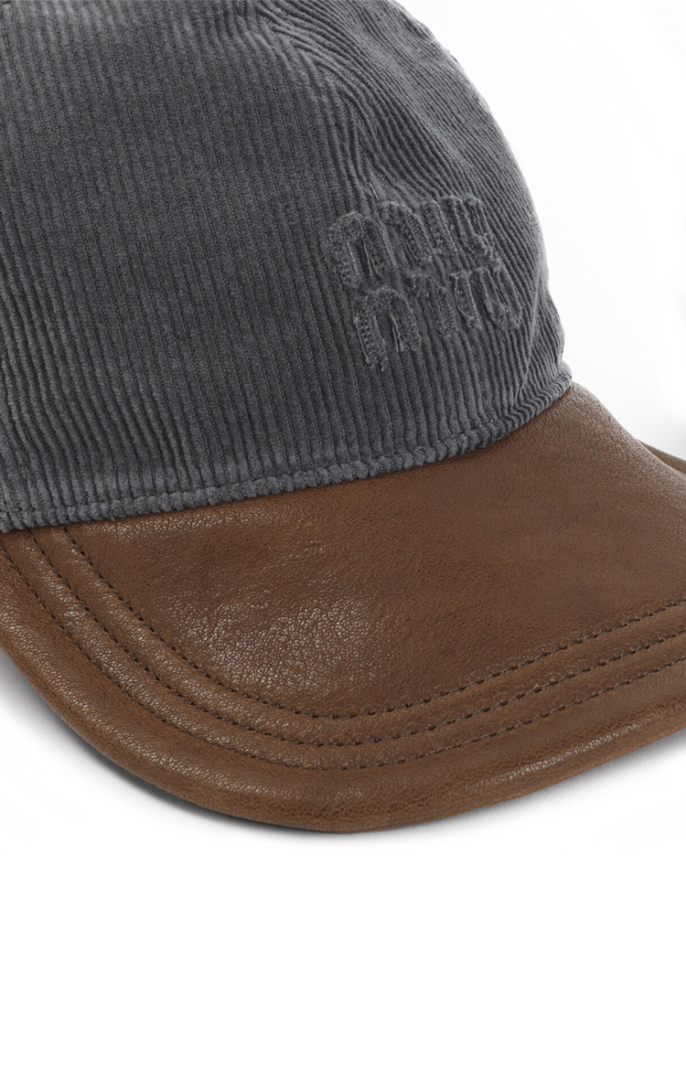 Miu Miu Corduroy and Leather Baseball Cap in Smoke/Oak — product photo 3