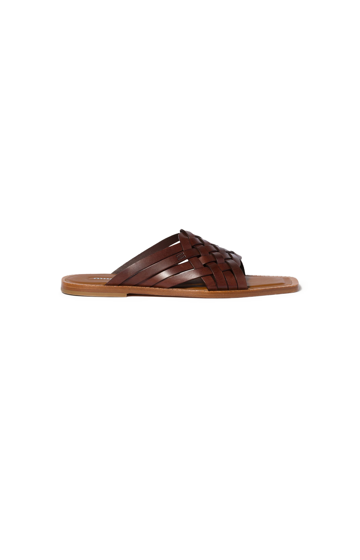 Miu Miu Leather Slides in Coffee — front view