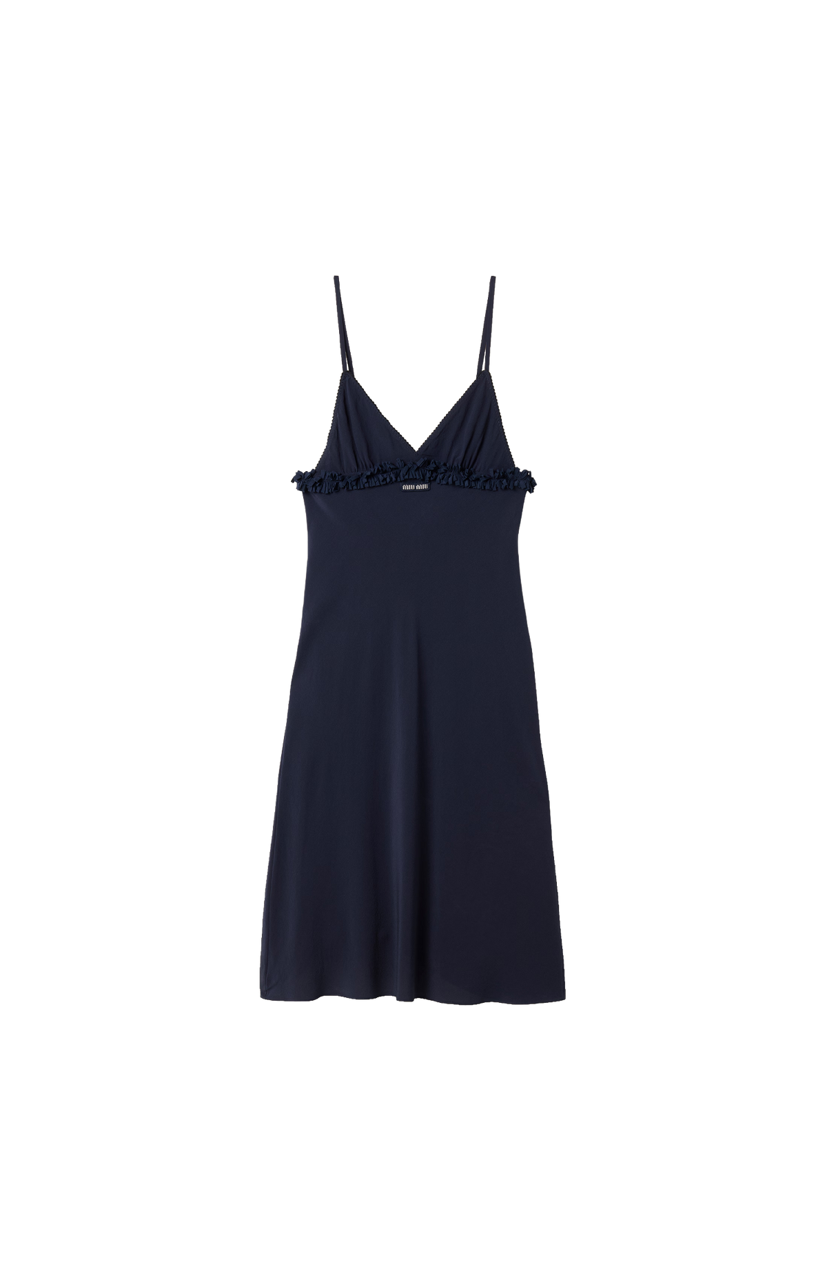 Miu Miu Embroidered Marocain Crepe Dress in Navy — front view