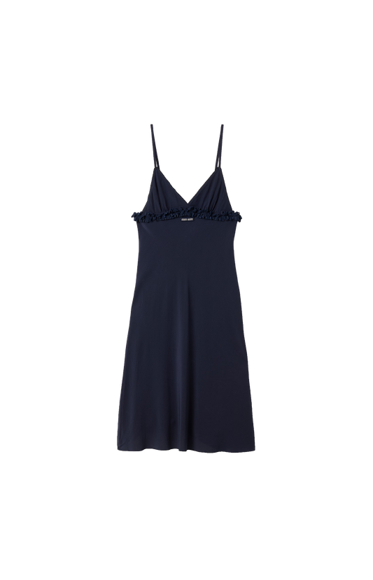 Miu Miu Embroidered Marocain Crepe Dress in Navy — front view