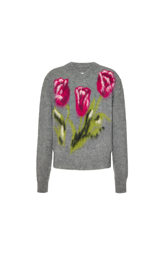 Flower Wool Sweater in Grey