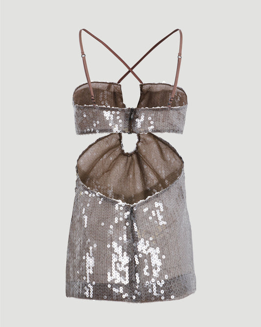 CUTOUT SEQUINED TOP IN BROWN