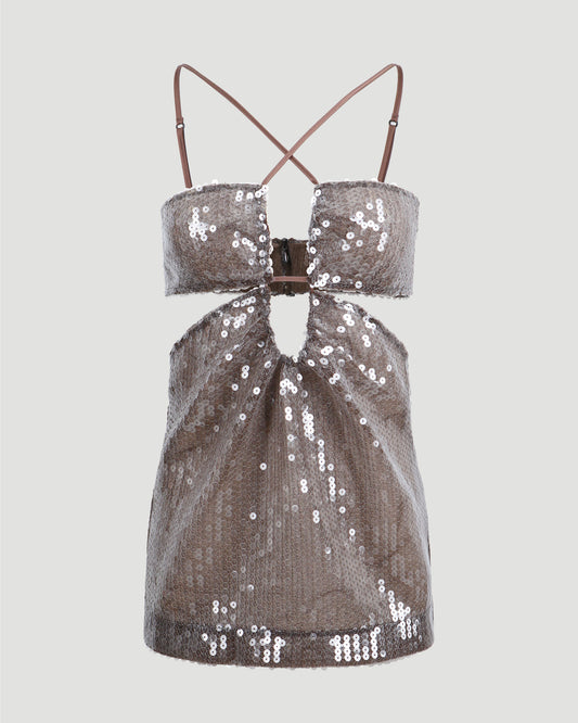 CUTOUT SEQUINED TOP IN BROWN
