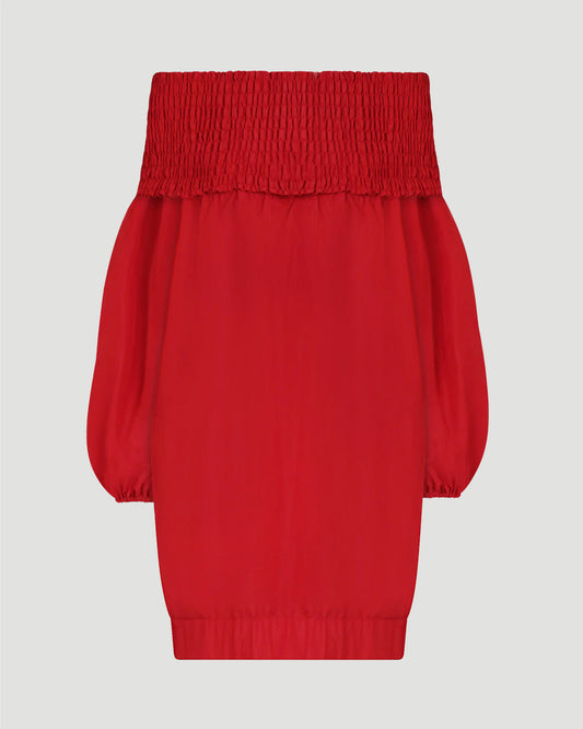 Off-the-shoulder smock mini dress in eco-friendly faille