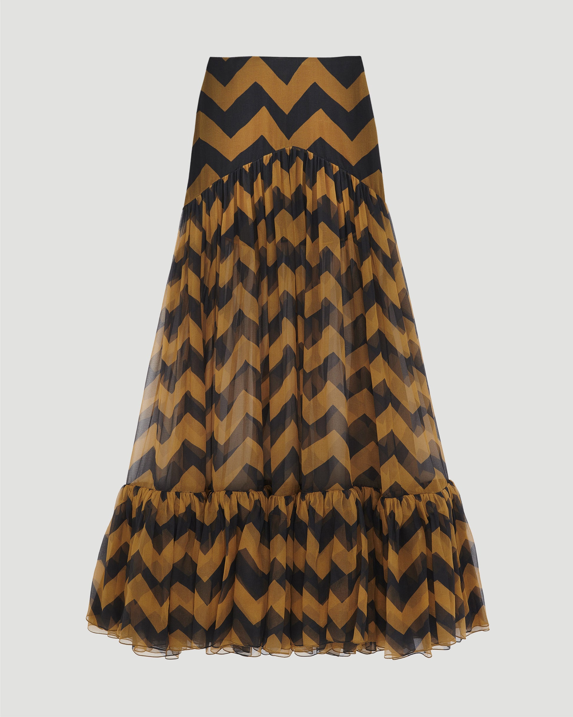 Saint Laurent RUFFLED LONG SKIRT IN CHEVRON SILK in Multicolored — front view