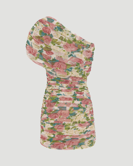 RUCHED ONE-SHOULDER DRESS IN FLORAL TULLE