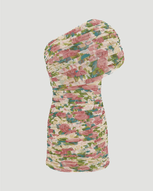 RUCHED ONE-SHOULDER DRESS IN FLORAL TULLE