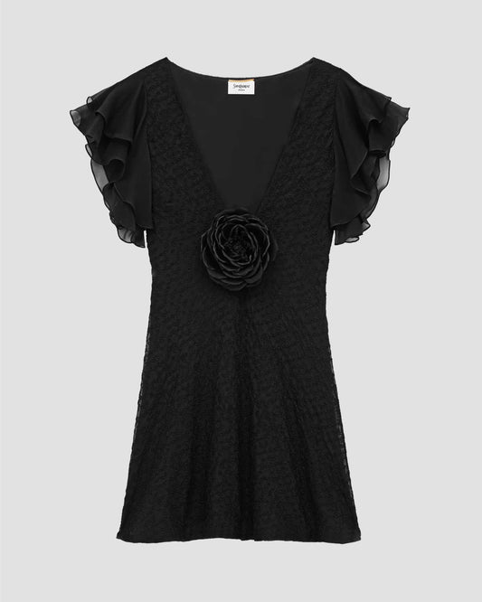 V-neck dress in embroidered muslin