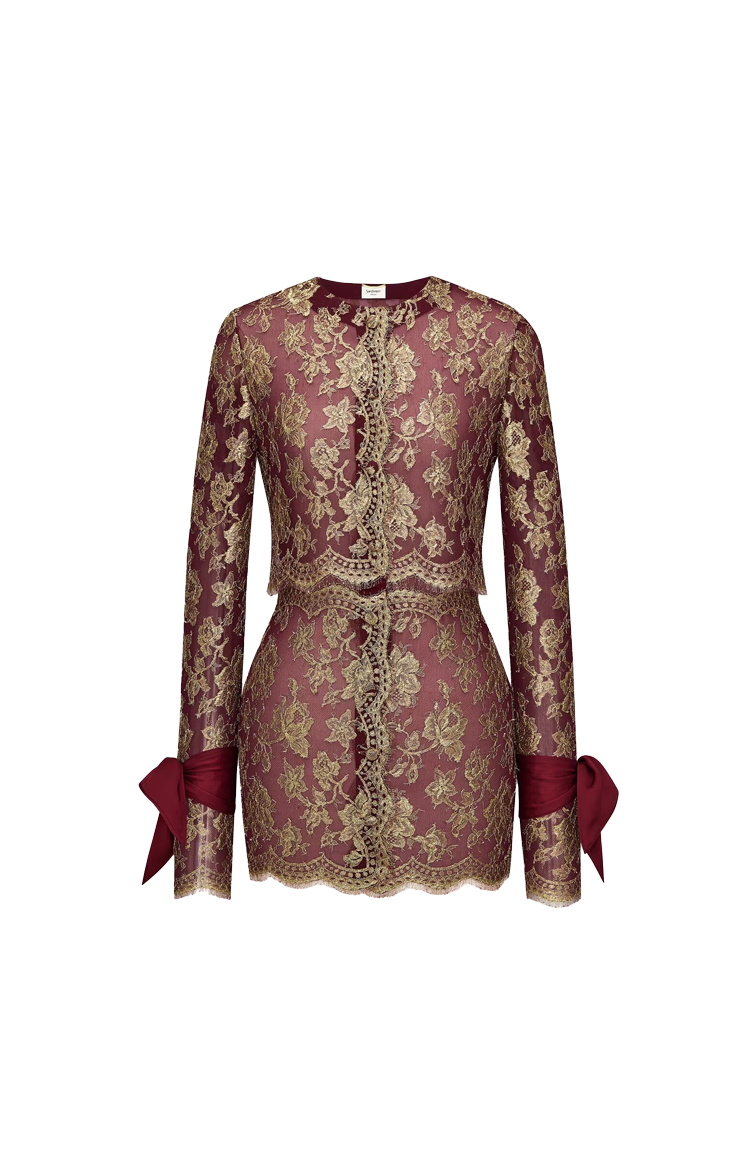 Saint Laurent Lavallière-Cuff Mini Dress in Metallic Lace in Pepin — front view