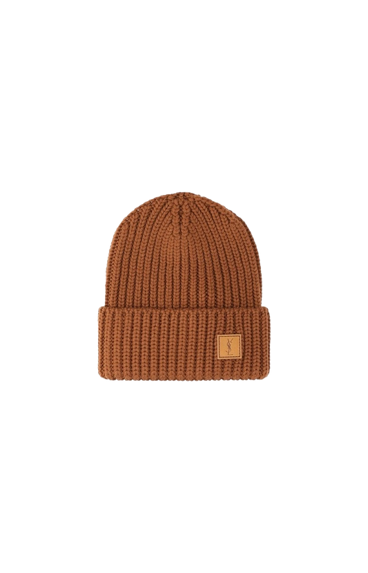 Saint Laurent Logo-Patch Ribbed-Knit Beanie Hat in Camel — front view