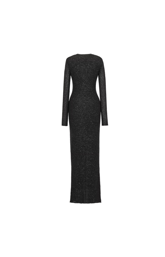 Long Sequin Dress in Metallic Knit in Black