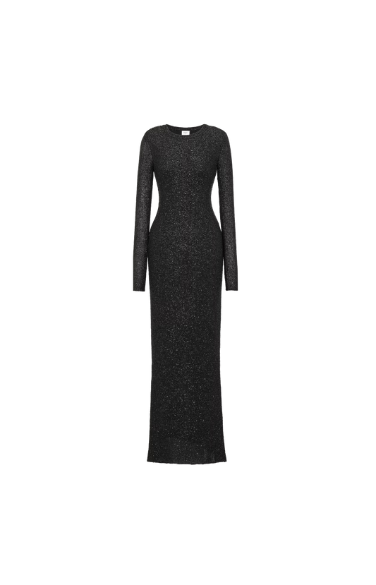 Long Sequin Dress in Metallic Knit in Black