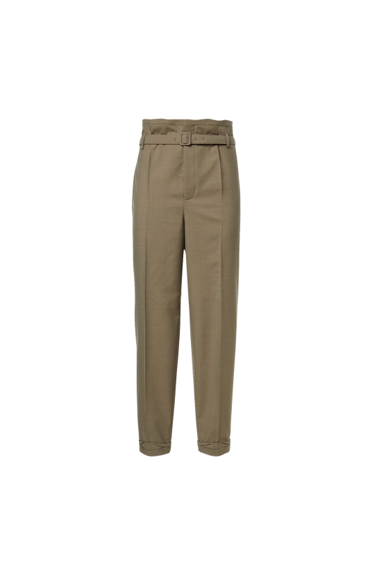 Khaki pants with a belt on a white background