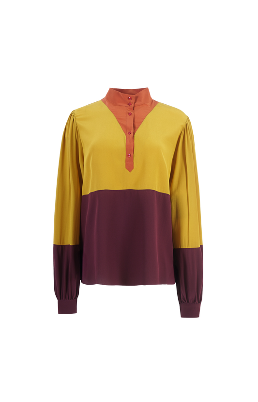 Long-sleeve shirt with a two-tone design on a white background