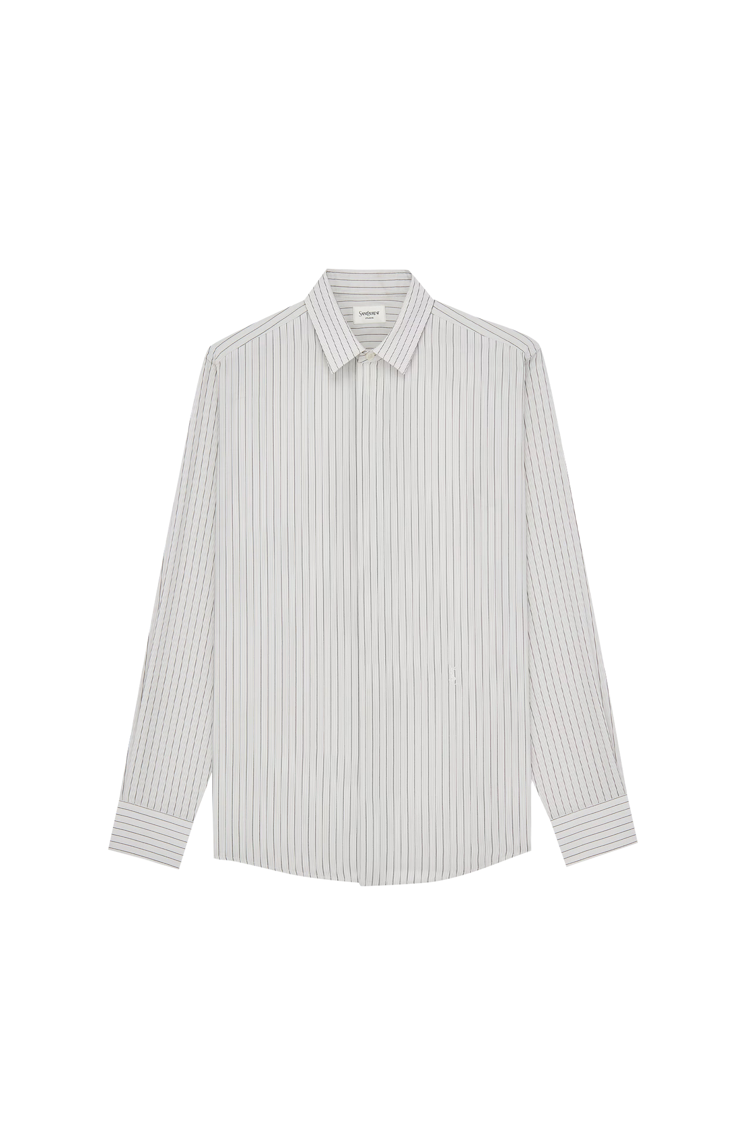 White shirt with thin gray stripes on a white background