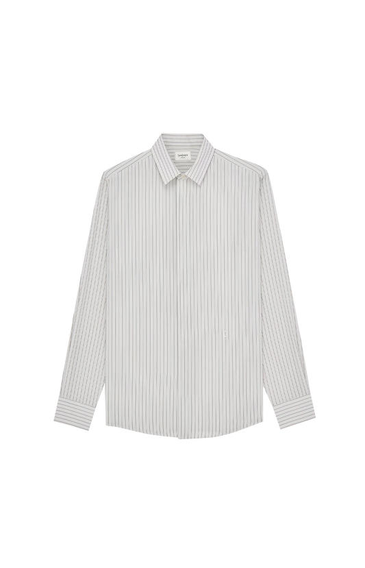 White shirt with thin gray stripes on a white background