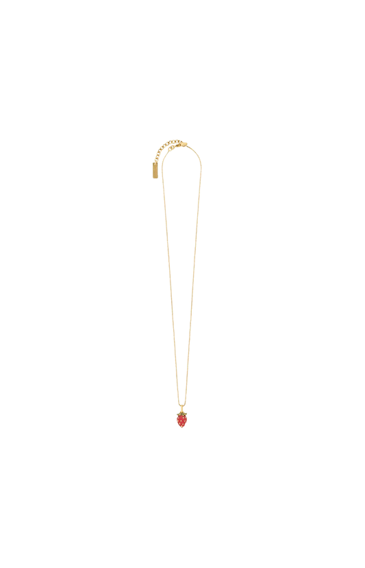 Gold necklace with a red pendant on a white background