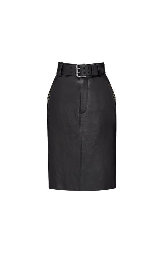 Belted Pencil Skirt in Grained Leather