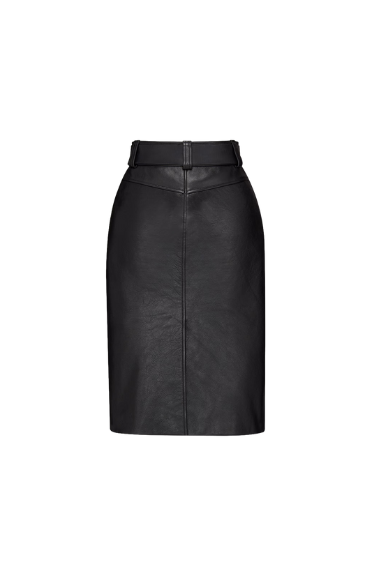 Belted Pencil Skirt in Grained Leather