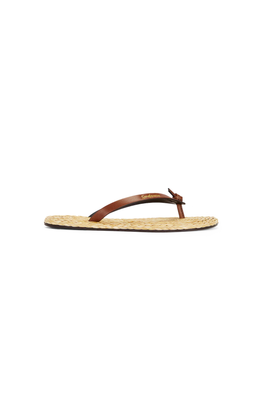 Saint Laurent Pool Flip-Flops in Smooth Leather and Raffia