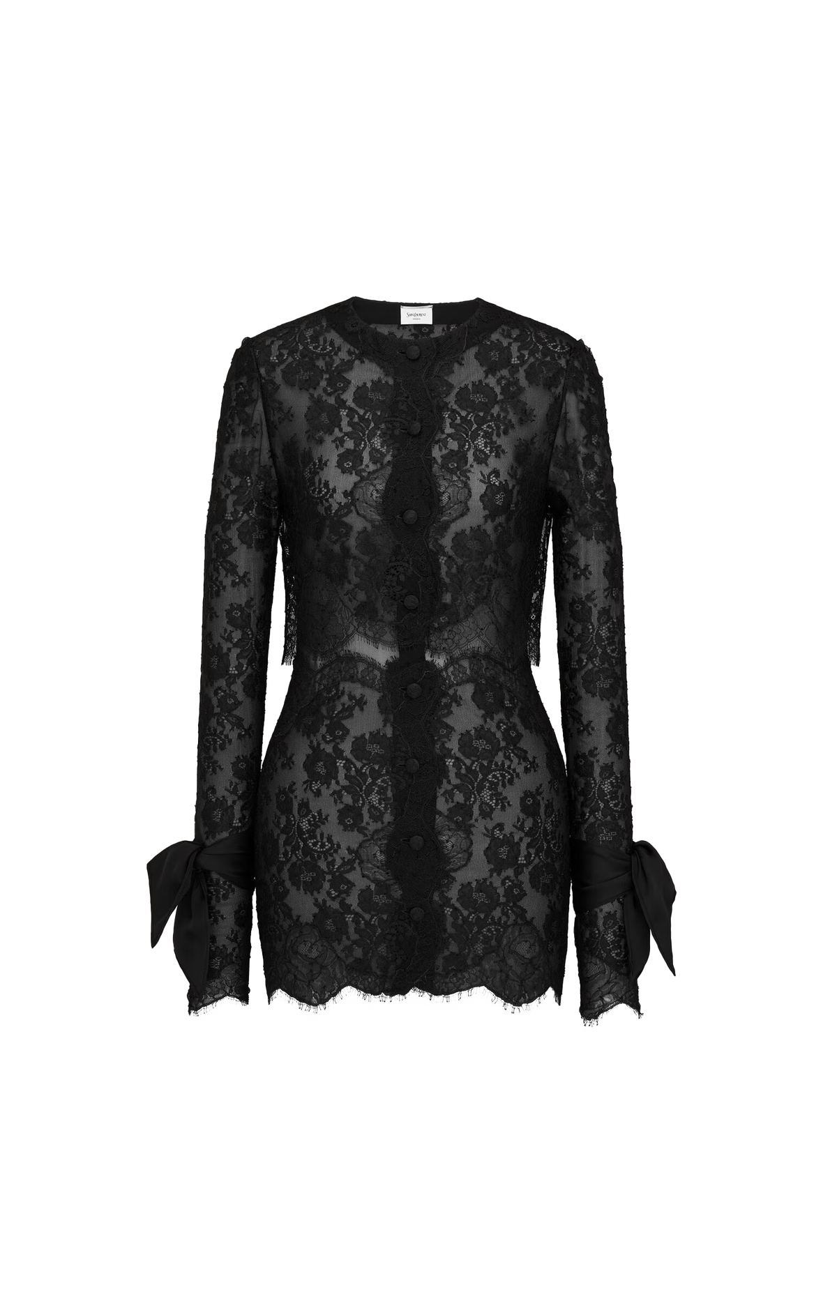 Saint Laurent Lavallière-Cuff Mini Dress in Silk Lace in Black — front view