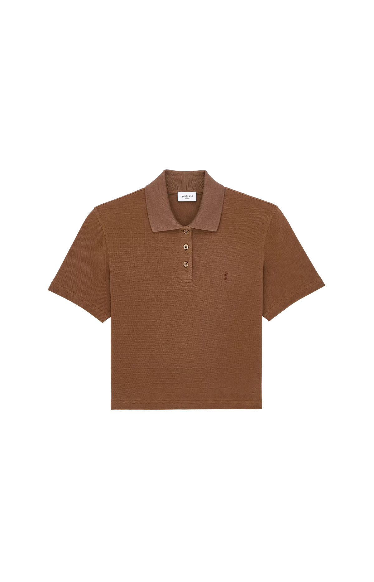 Saint Laurent Cassandre Cropped Polo in Caramel Cotton Piqué — front view