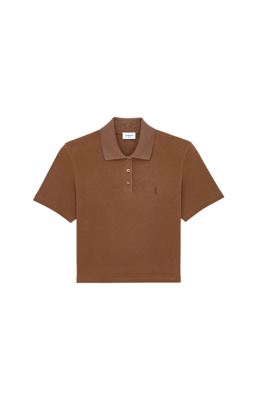 Saint Laurent Cassandre Cropped Polo in Caramel Cotton Piqué — front view