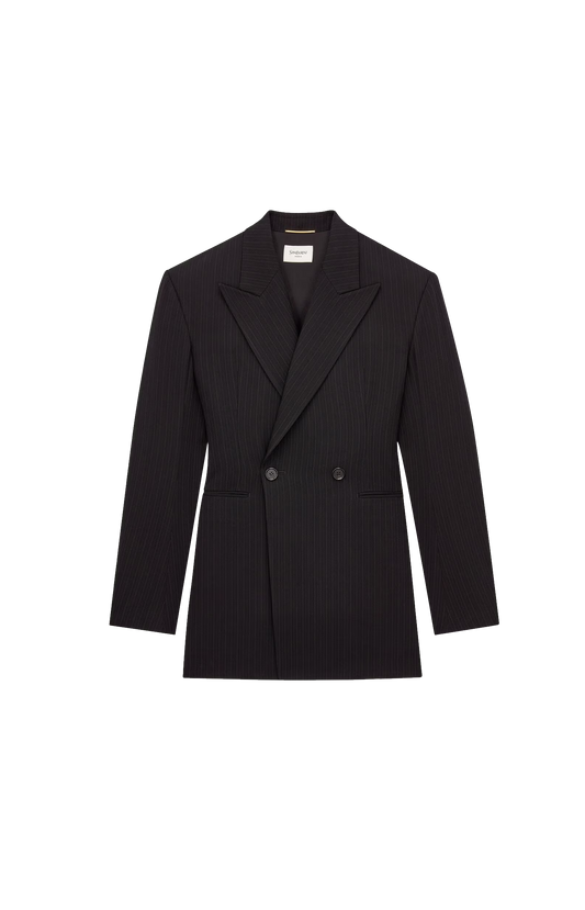 Double-Breasted Jacket in Chalk-Stripe Wool Mélange in Black/Grey