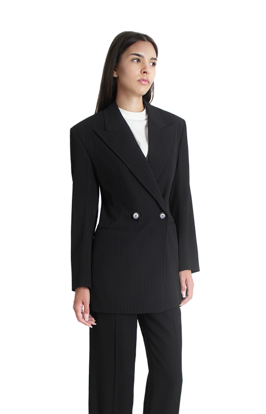 Saint Laurent Double-Breasted Jacket in Chalk-Stripe Wool Mélange in Black/Grey — product photo 2