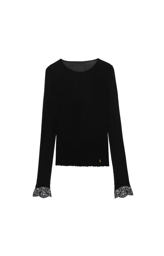 Cassandre Lace-Cuff Top in Ribbed Silk Jersey