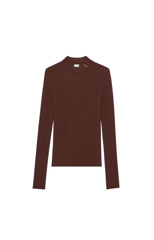 Saint Laurent Cassandre Stand-Collar Top in Chocolate Ribbed Silk — front view