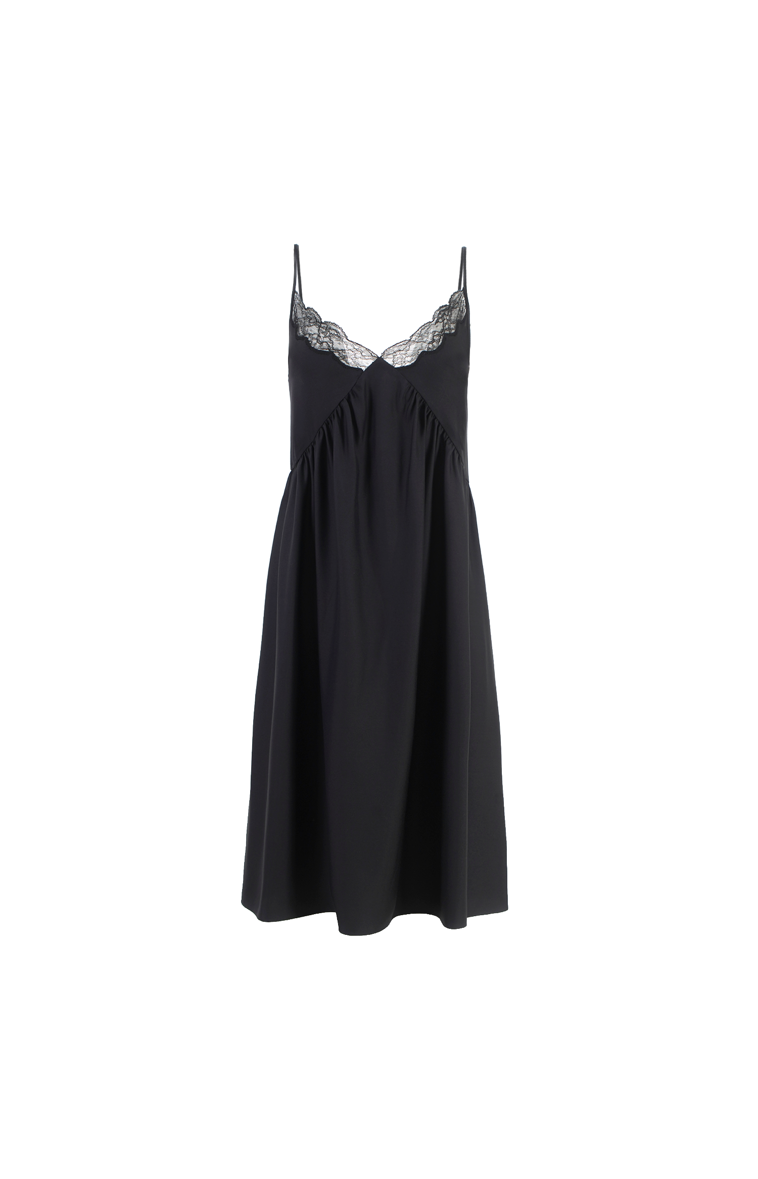 Black slip dress with lace trim on a white background