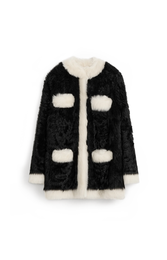 Toteme Silky Shearling Pocket Jacket in Black/Natural — front view