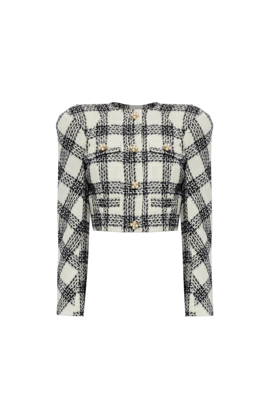 Round Shoulder Tweed Blazer in Black/White