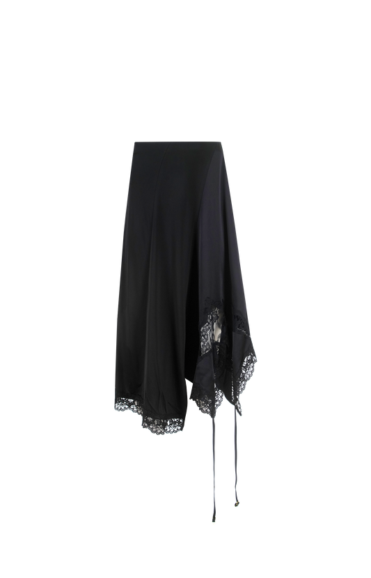Asymmetric Lace-Trim Midi Skirt