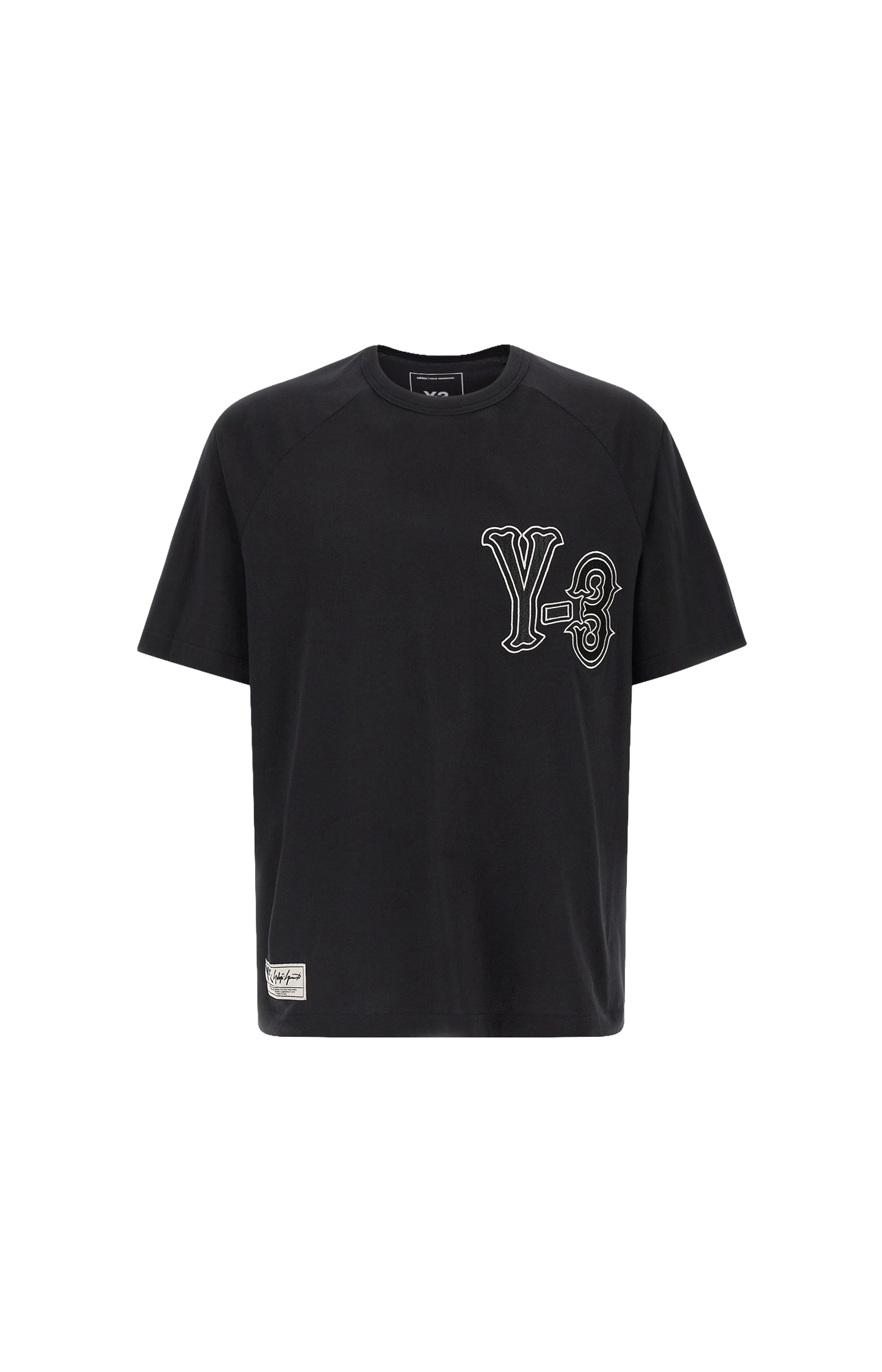 Black t-shirt with a logo on a white background