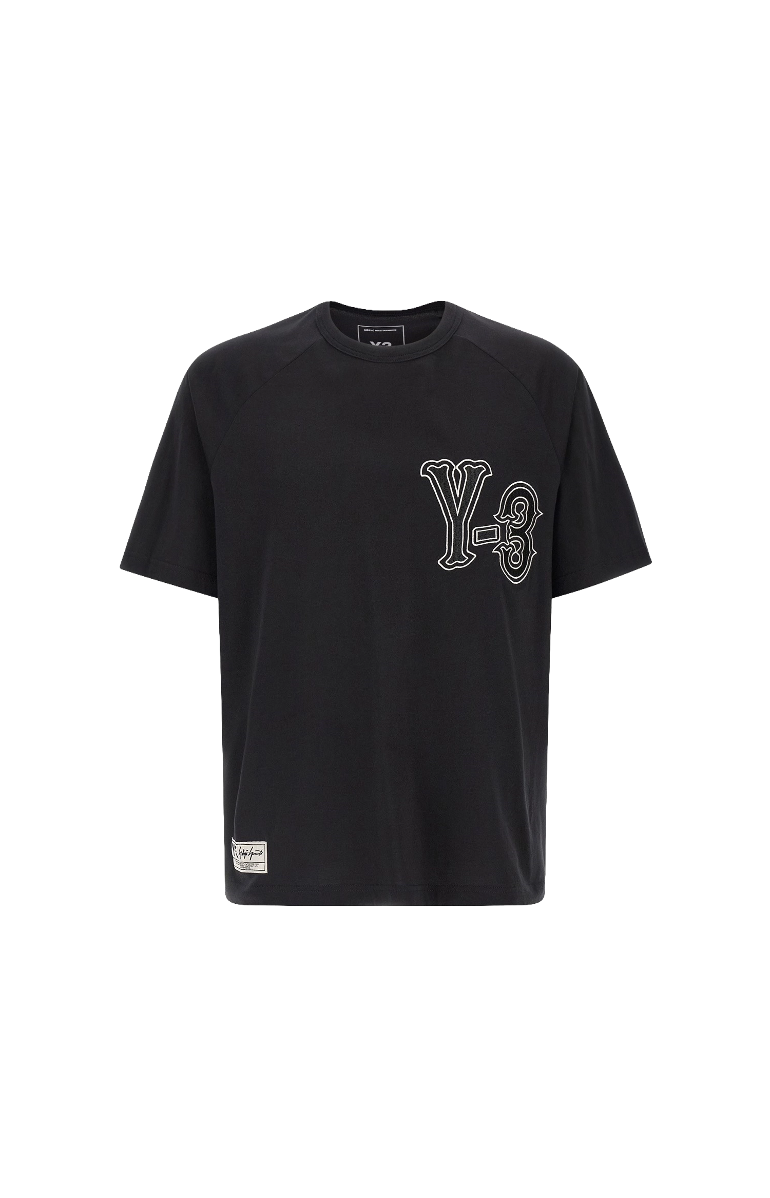 Black t-shirt with a logo on a white background