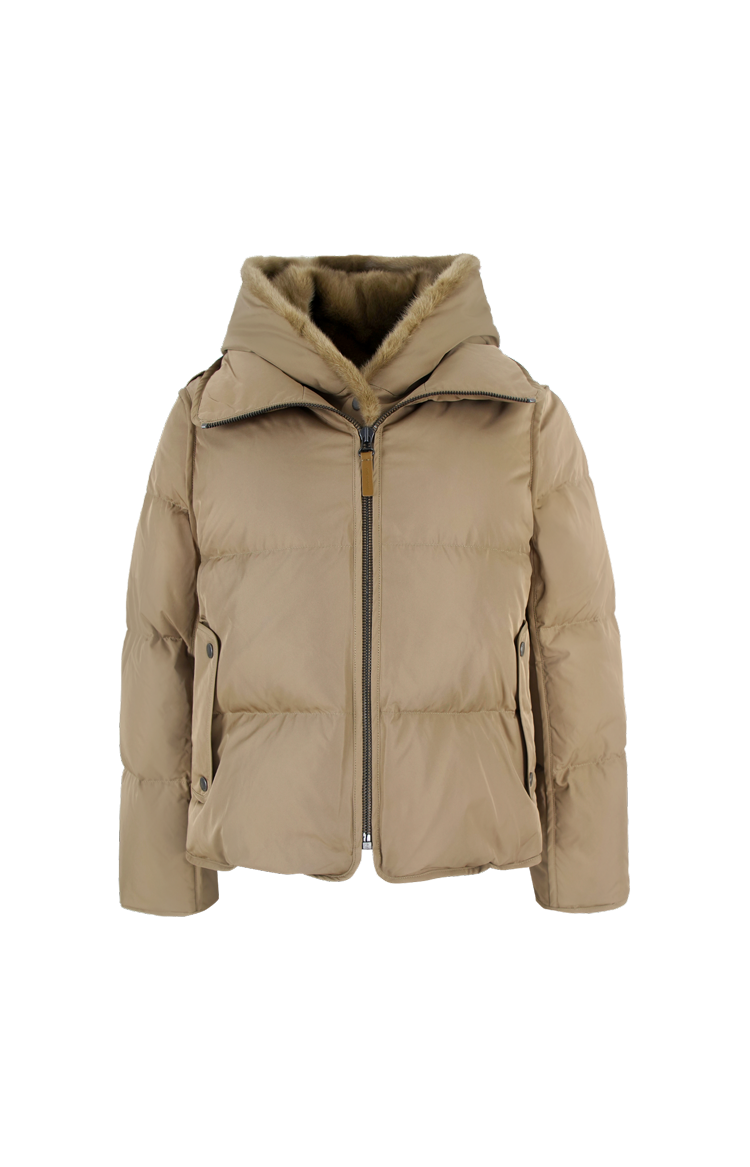 Yves Salomon Iconic "A" Line Down Jacket with Mink Fur Hooded Bib in Beige — front view