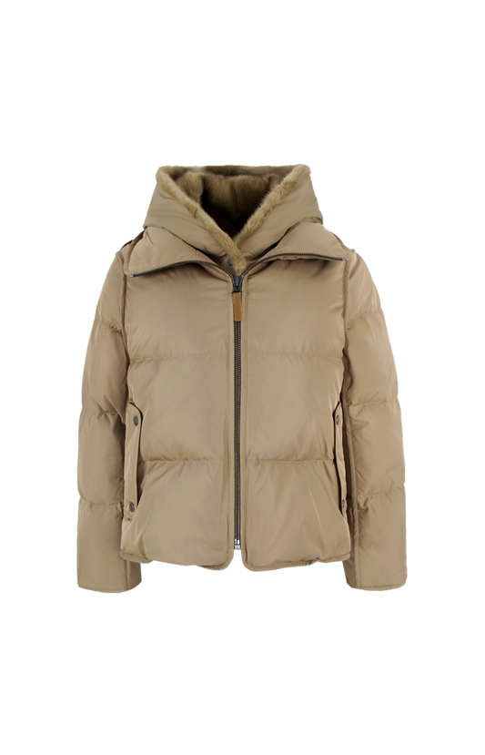 Yves Salomon Iconic "A" Line Down Jacket with Mink Fur Hooded Bib in Beige — front view