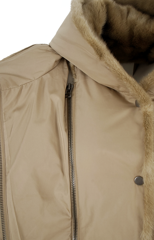 Yves Salomon Iconic "A" Line Down Jacket with Mink Fur Hooded Bib in Beige — product photo 3