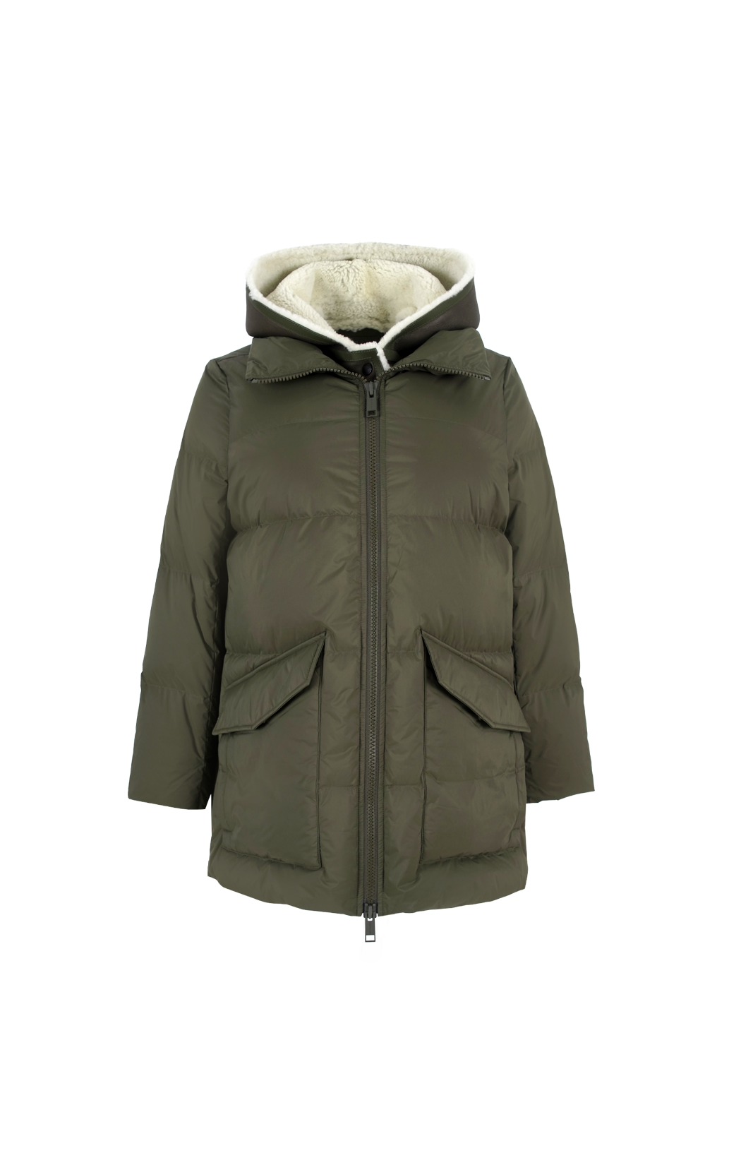 A-line Down Jacket with Lambskin Shearling Bib Panel in Green