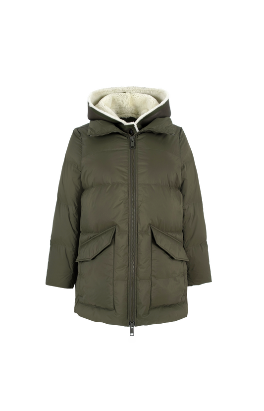 A-line Down Jacket with Lambskin Shearling Bib Panel in Green