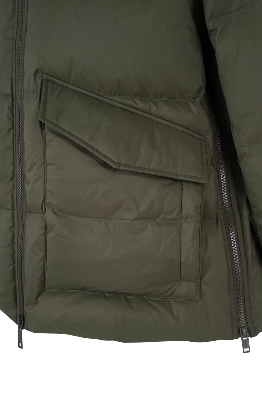 A-line Down Jacket with Lambskin Shearling Bib Panel in Green