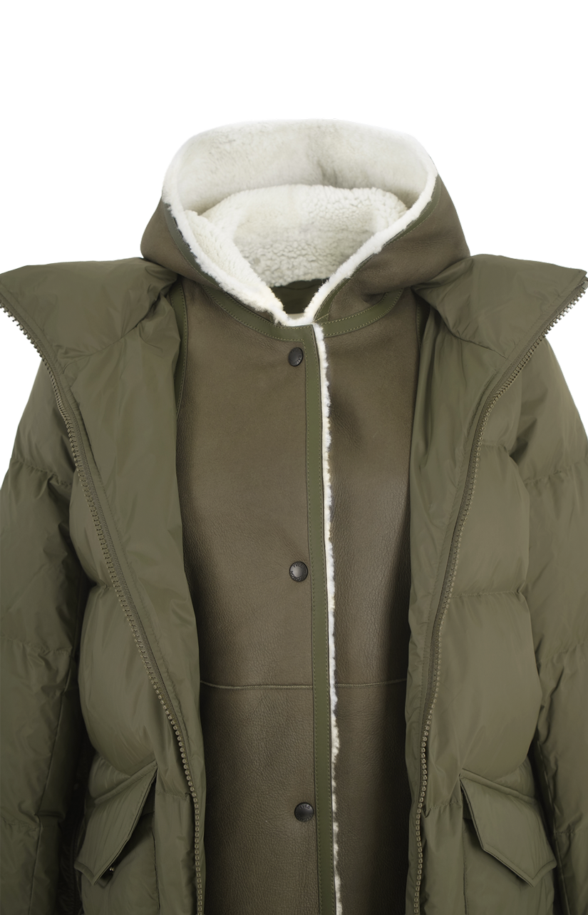 A-Line Down Jacket with Lambskin Shearling Bib Panel in Green
