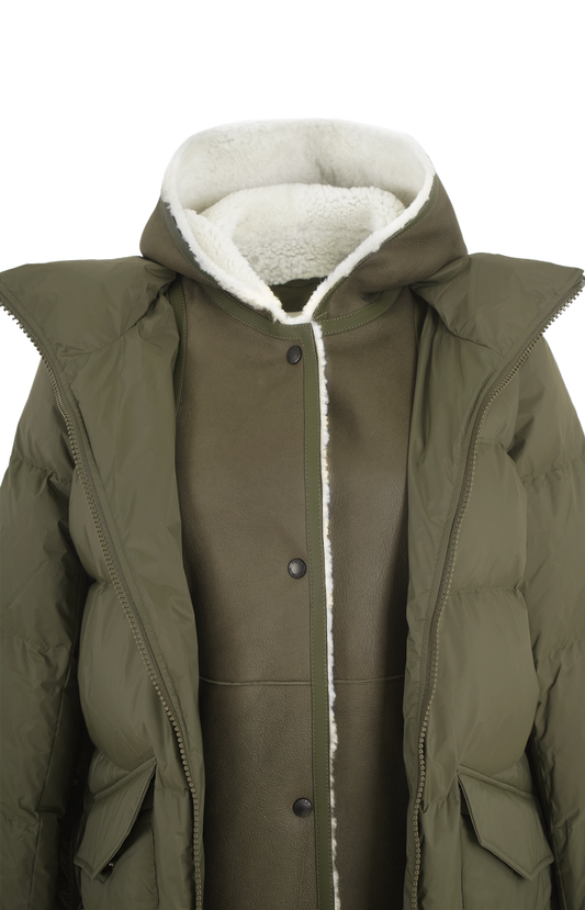 A-Line Down Jacket with Lambskin Shearling Bib Panel in Green