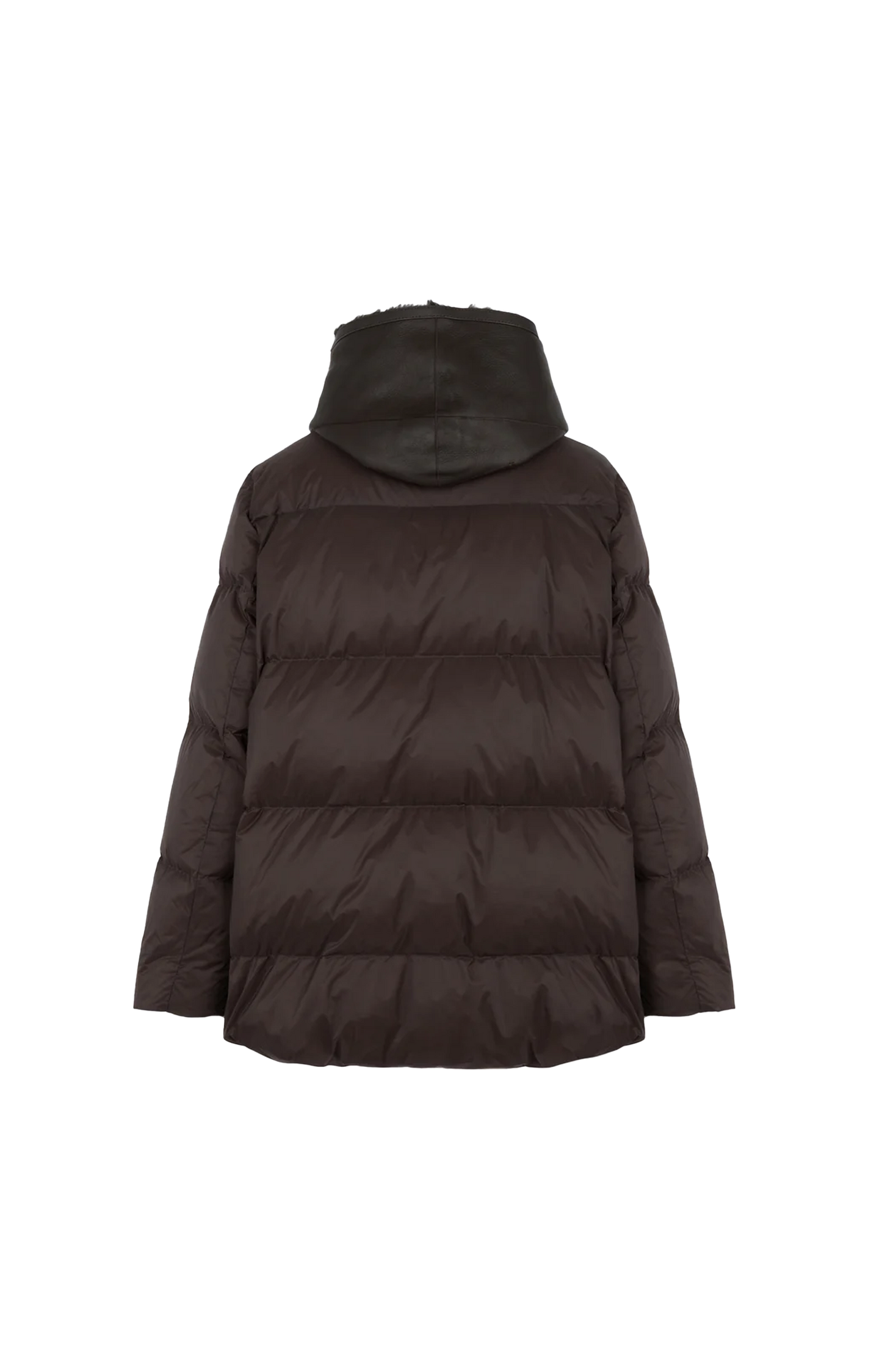 A-line Down Jacket with Lambskin Shearling Bib Panel in Brown