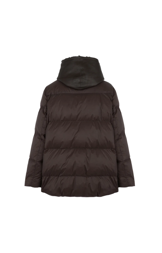 A-line Down Jacket with Lambskin Shearling Bib Panel in Brown